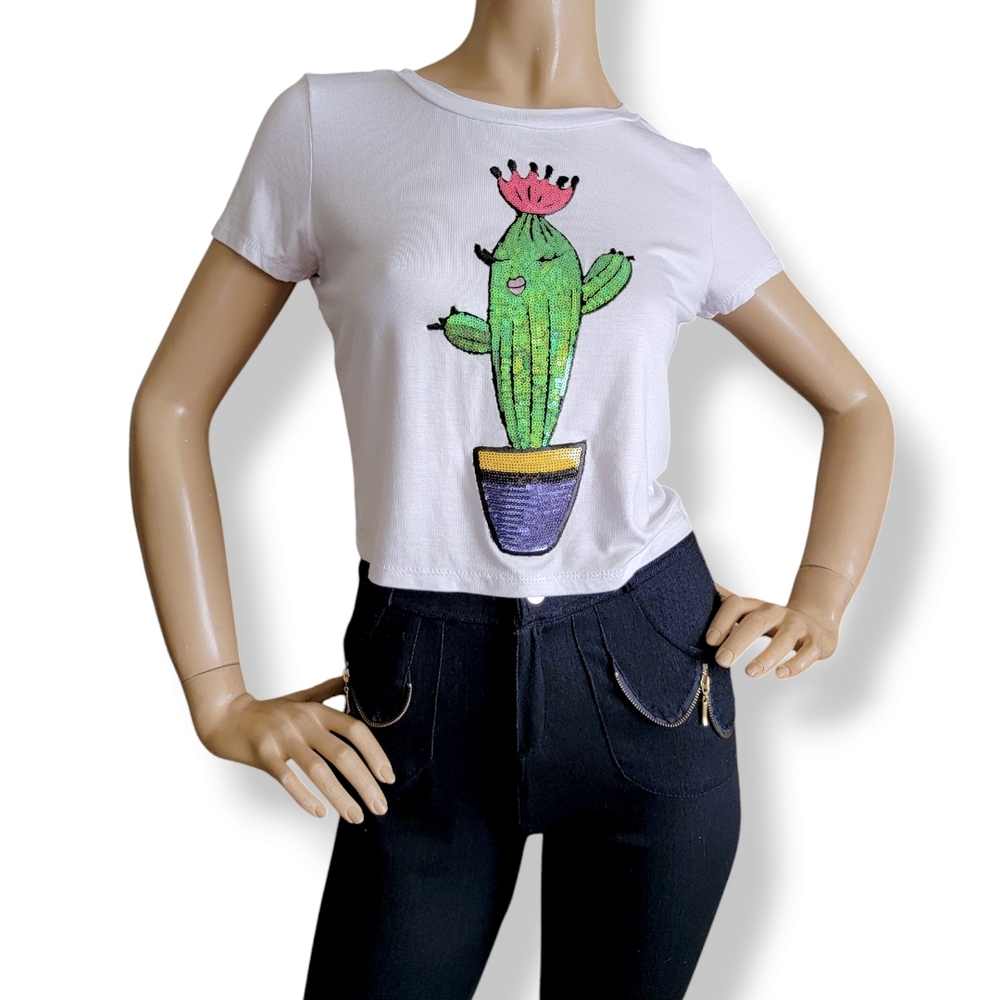 White Sequined Green Cactus Graphic Crop Top T-shirt By 579 Size Medium